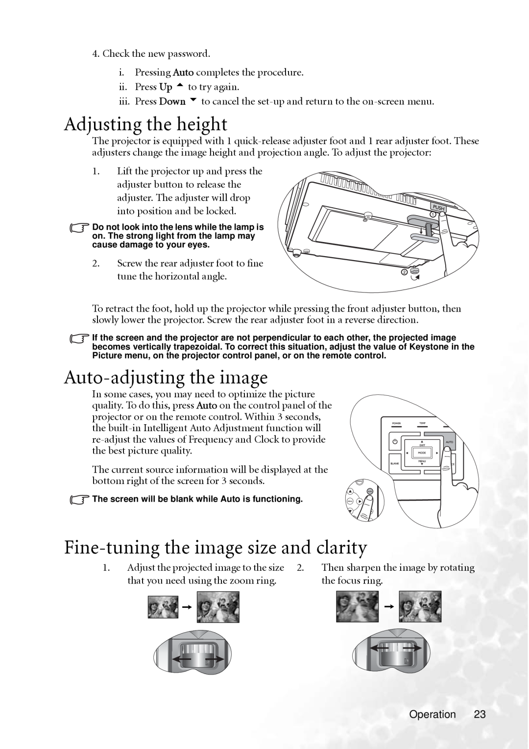 BenQ MP610 user manual Adjusting the height, Auto-adjusting the image, Fine-tuning the image size and clarity 