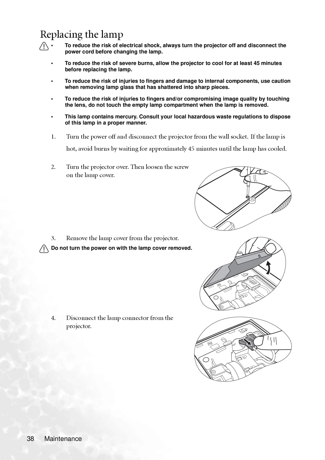 BenQ MP610 user manual Replacing the lamp, Turn the projector over. Then loosen the screw on the lamp cover, Maintenance 