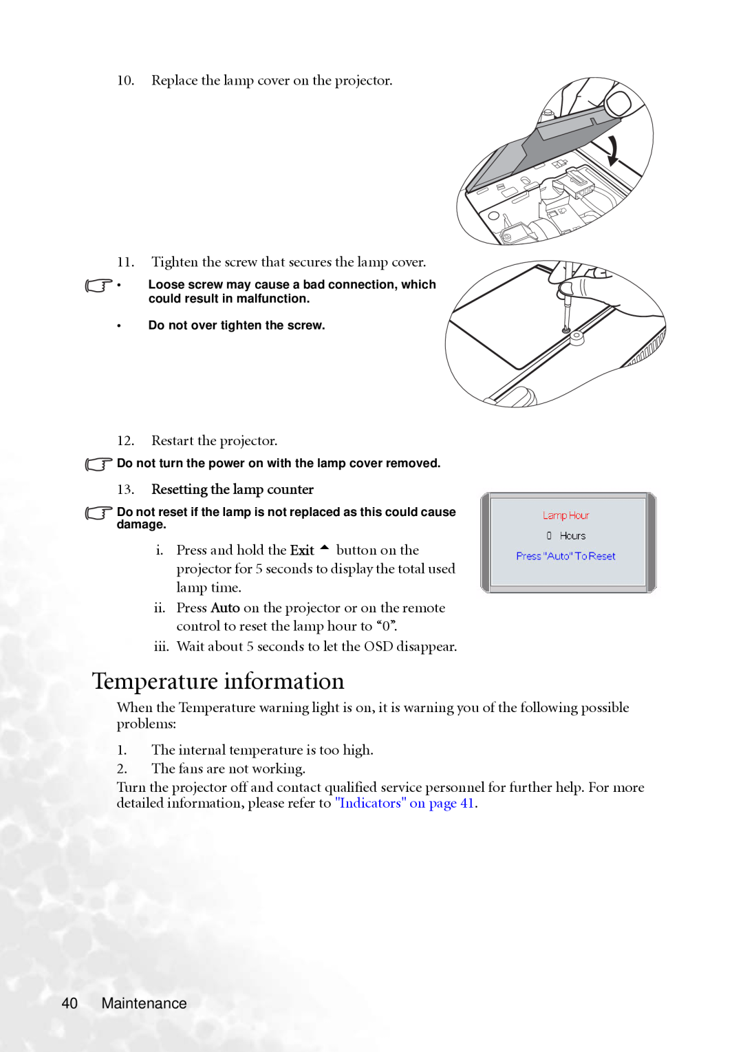 BenQ MP610 user manual Temperature information, Resetting the lamp counter 