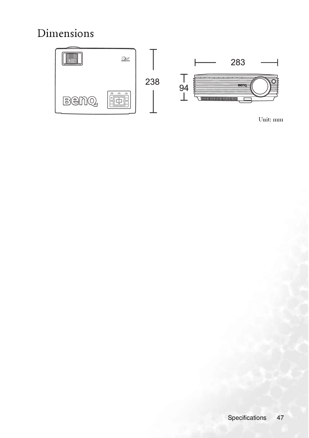 BenQ MP610 user manual Dimensions, Unit mm, Specifications 