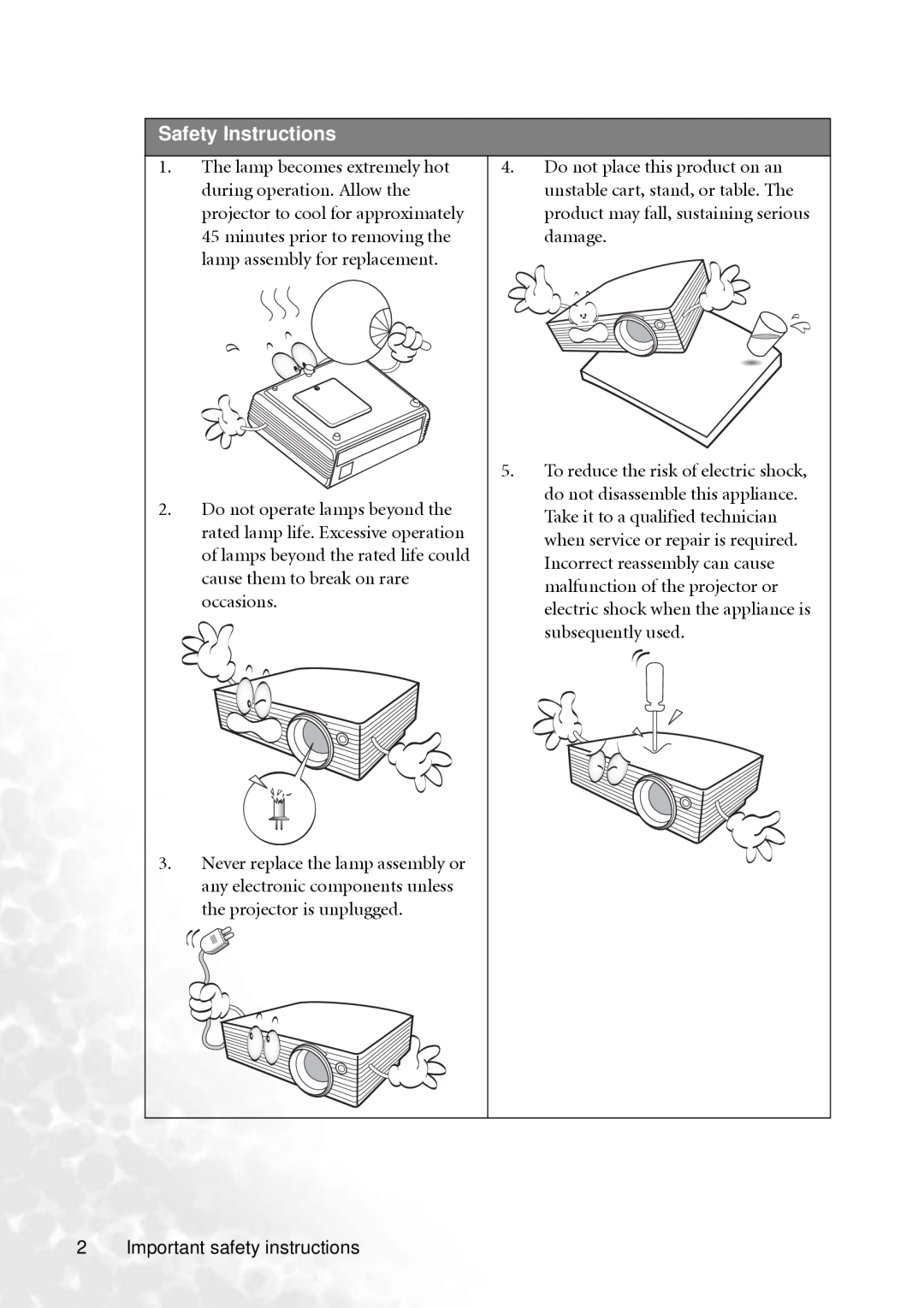 BenQ MP610 user manual Safety Instructions 