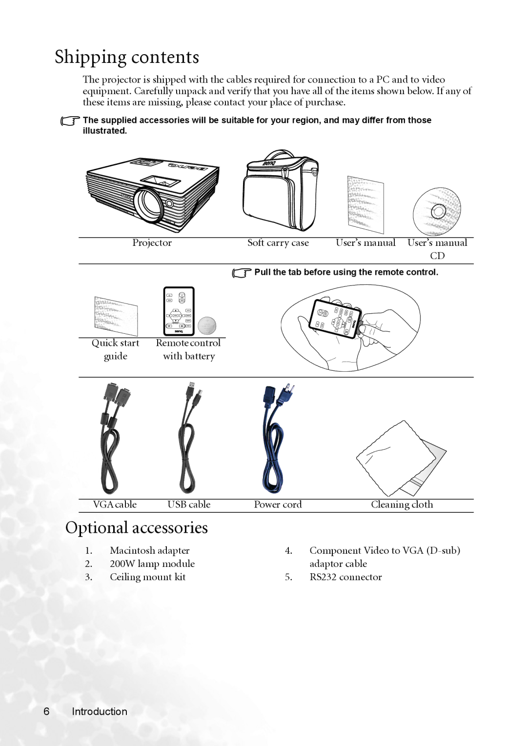 BenQ MP620p user manual Shipping contents 