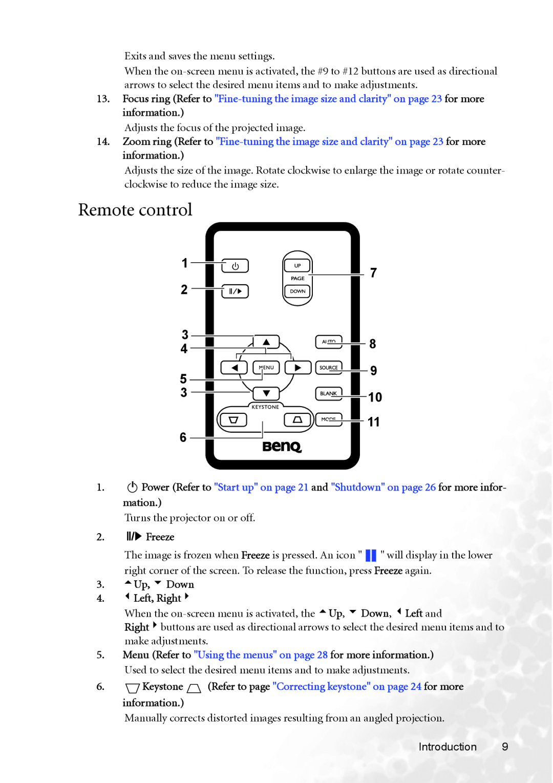 BenQ MP620p user manual Remote control, Adjusts the focus of the projected image, Freeze, 5Up, 6 Down 3Left, Right4 