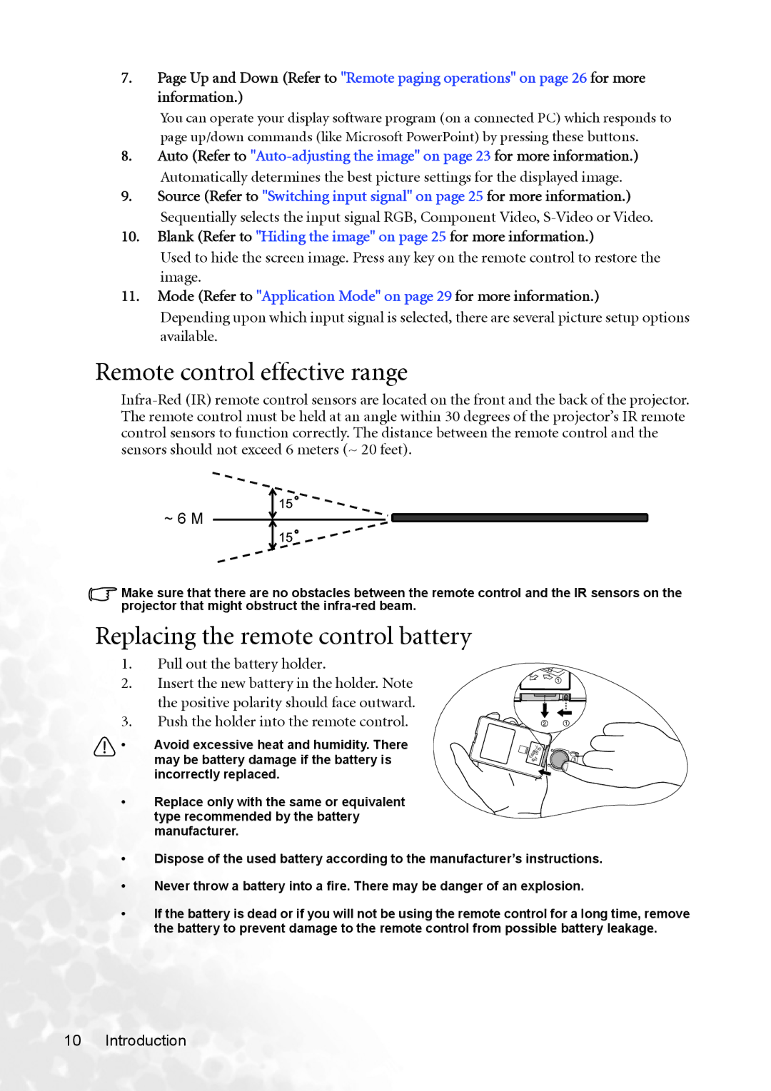 BenQ MP620p user manual Remote control effective range, Replacing the remote control battery, Pull out the battery holder 