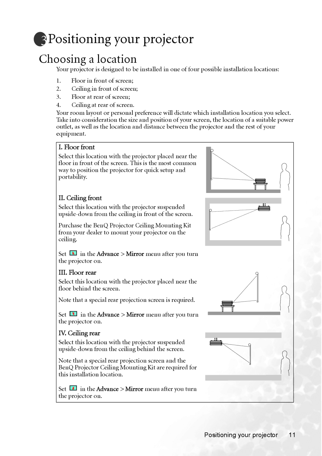 BenQ MP620p user manual Positioning your projector, Choosing a location 