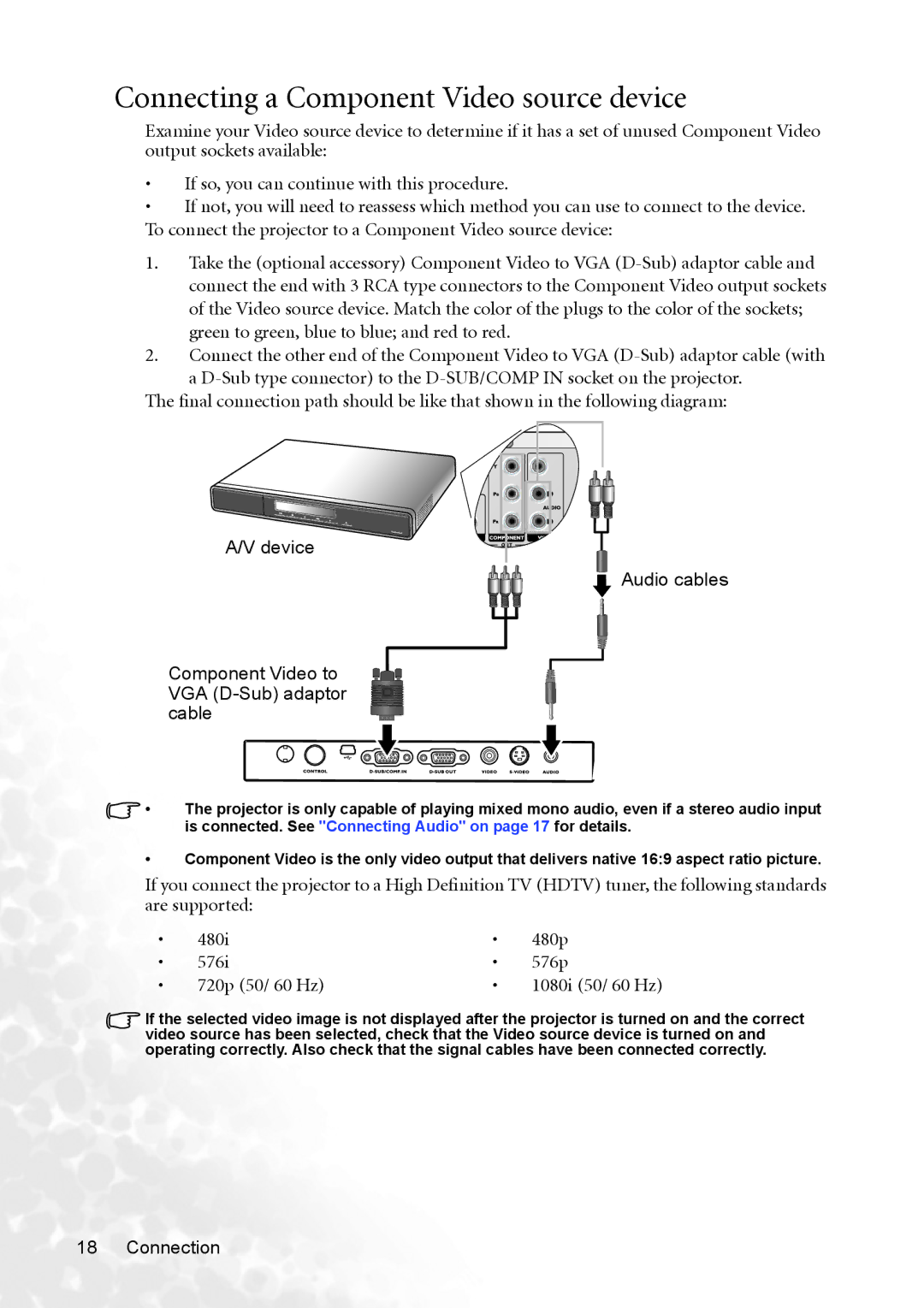 BenQ MP620p user manual Connecting a Component Video source device, 1080i 50/ 60 Hz 