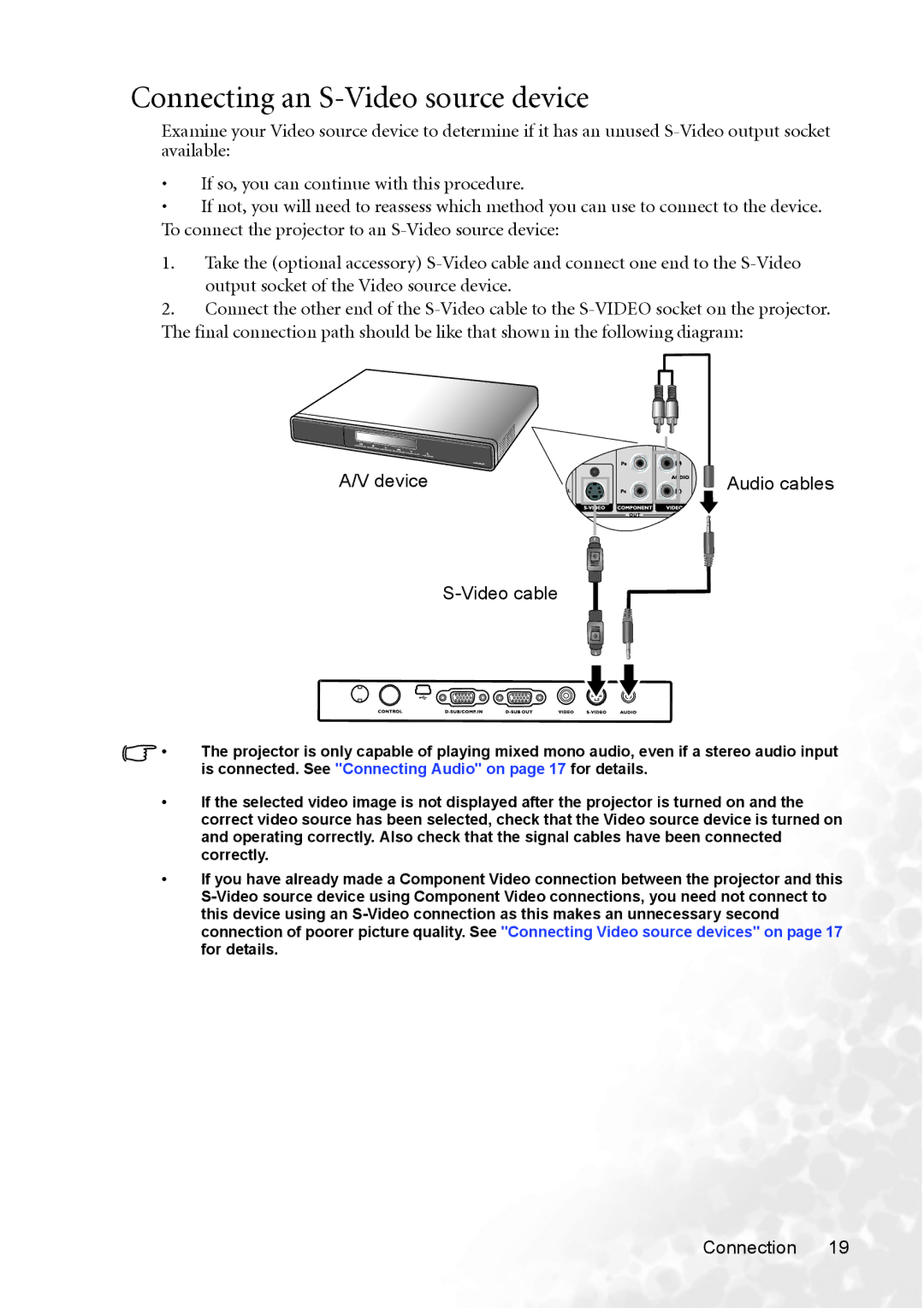 BenQ MP620p user manual Connecting an S-Video source device, Device Video cable Audio cables 