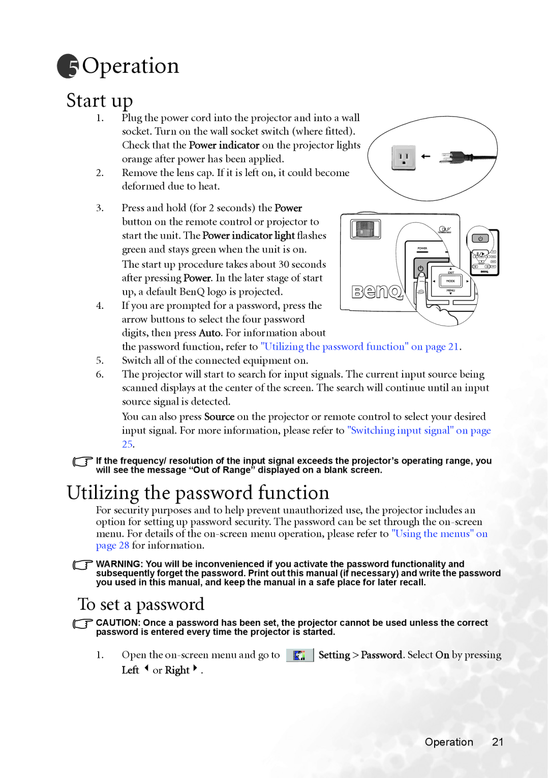 BenQ MP620p user manual Operation, Start up, Utilizing the password function, To set a password 