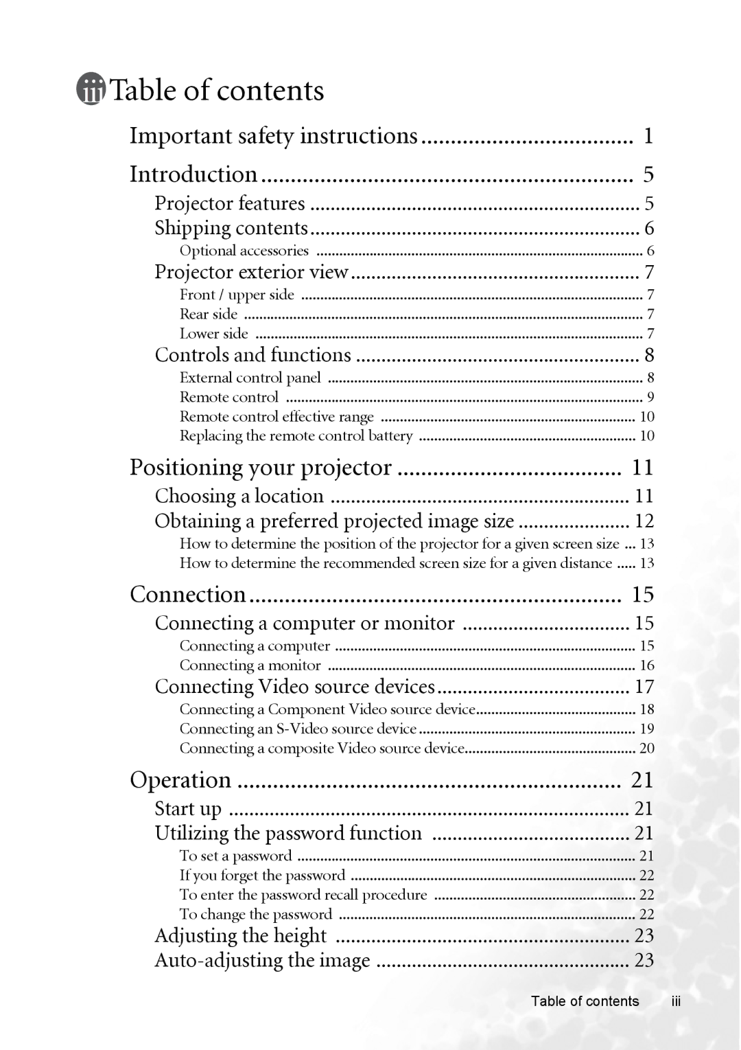 BenQ MP620p user manual Table of contents 