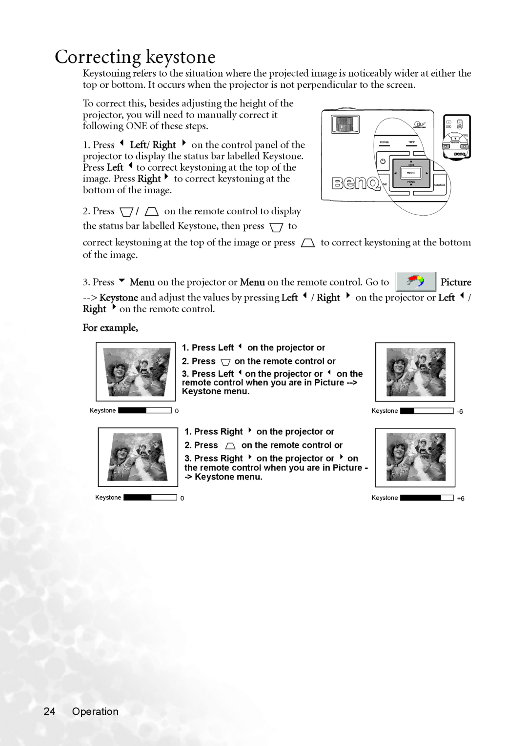 BenQ MP620p user manual Correcting keystone, For example 