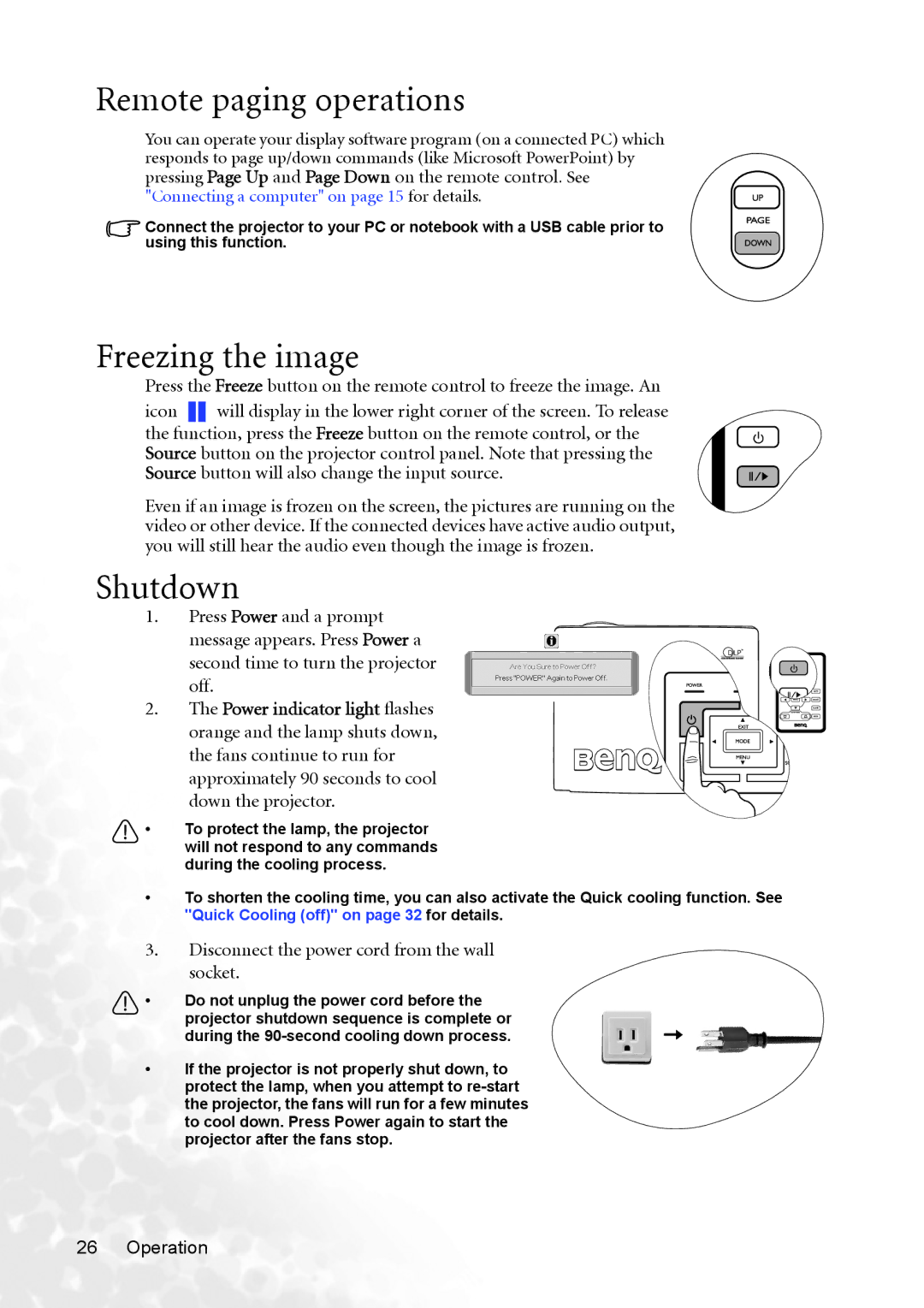 BenQ MP620p user manual Remote paging operations, Freezing the image, Shutdown, Power indicator light flashes 