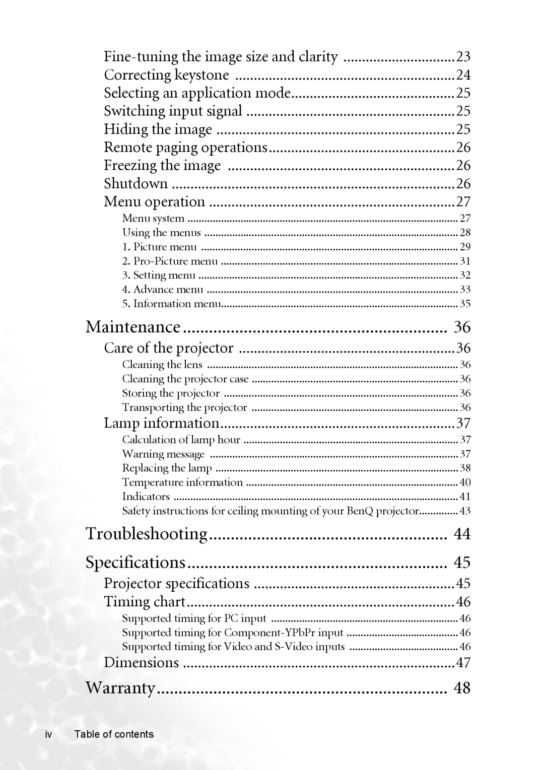 BenQ MP620p user manual Supported timing for Component-YPbPr input, Iv Table of contents 