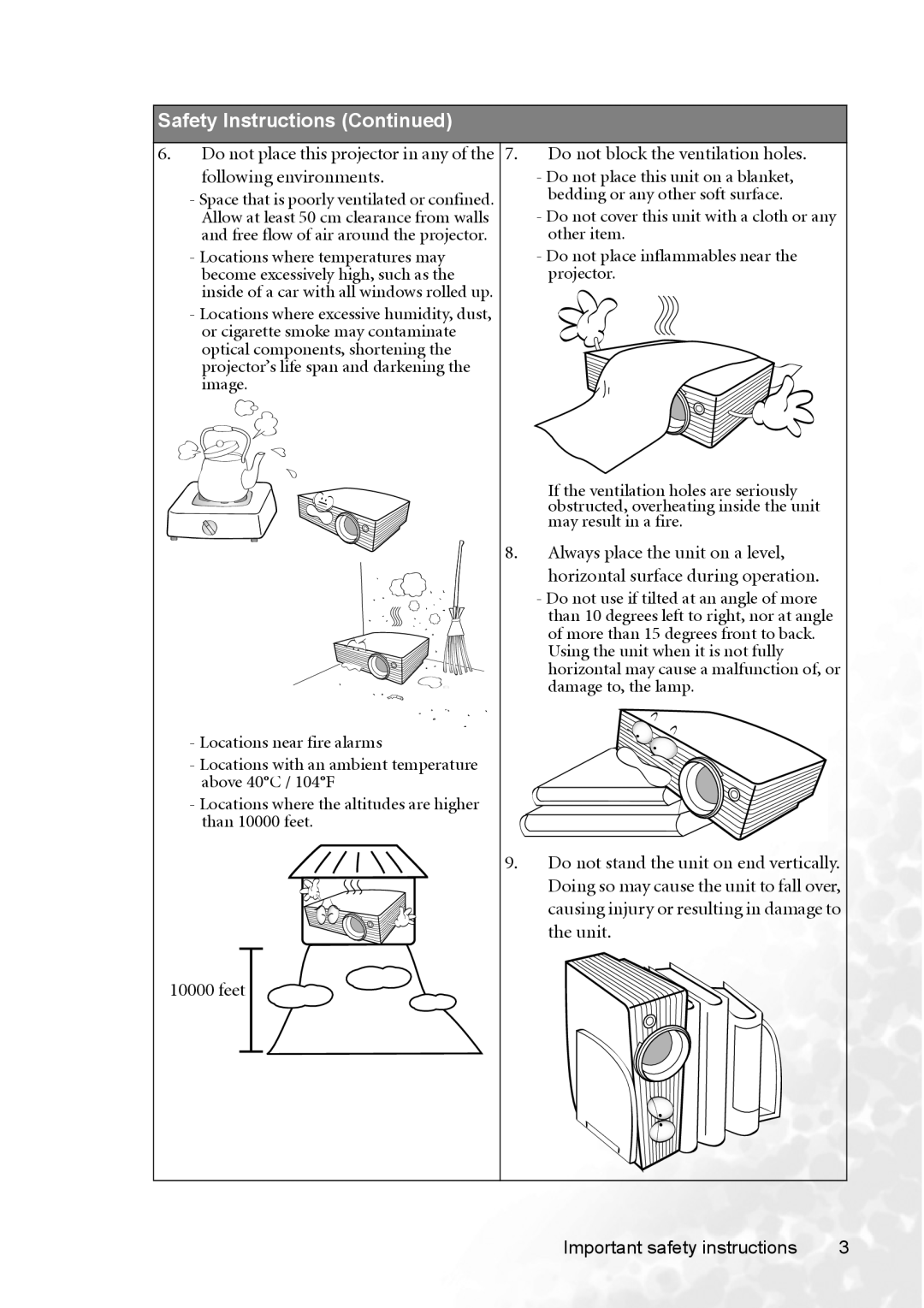 BenQ MP620p user manual Bedding or any other soft surface 