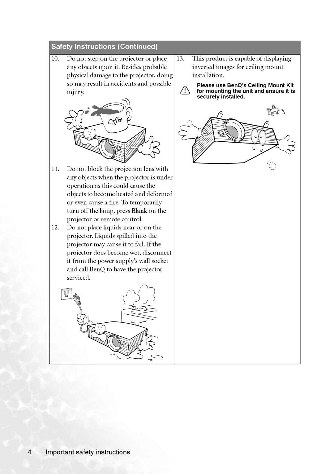 BenQ MP620p user manual Safety Instructions Continued, Important safety instructions 
