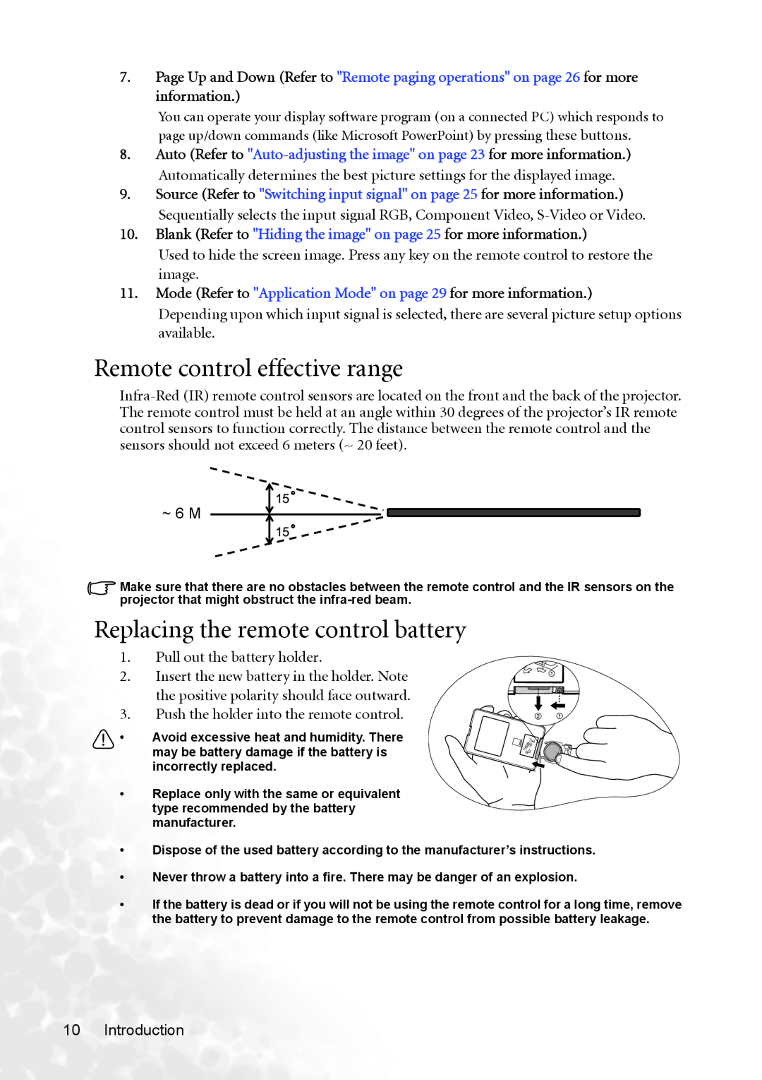 BenQ MP620p user manual Remote control effective range, Replacing the remote control battery 