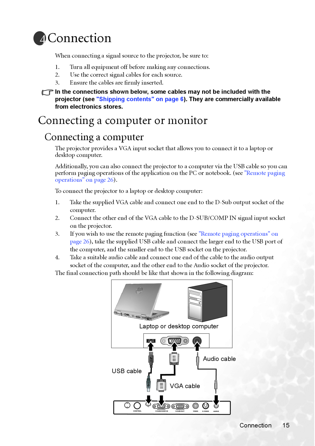 BenQ MP620p user manual Connection, Connecting a computer or monitor 