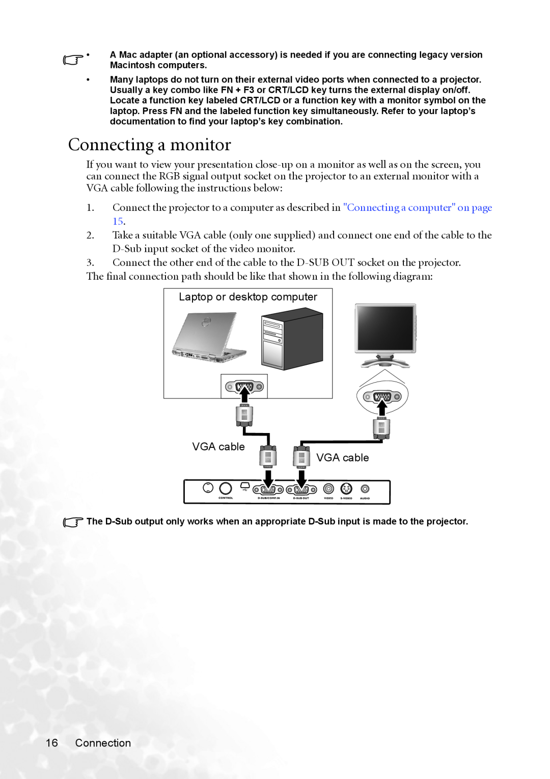 BenQ MP620p user manual Connecting a monitor 