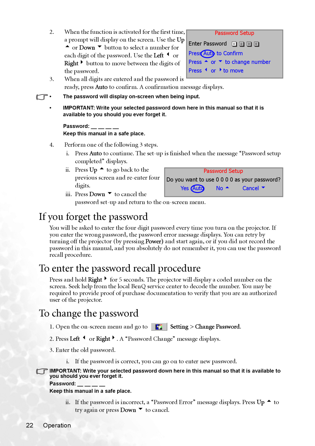 BenQ MP620p user manual If you forget the password, To enter the password recall procedure, To change the password 