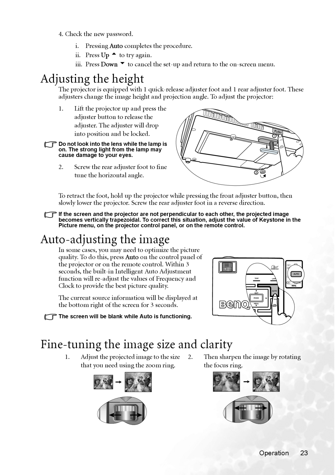 BenQ MP620p user manual Adjusting the height, Auto-adjusting the image, Fine-tuning the image size and clarity 