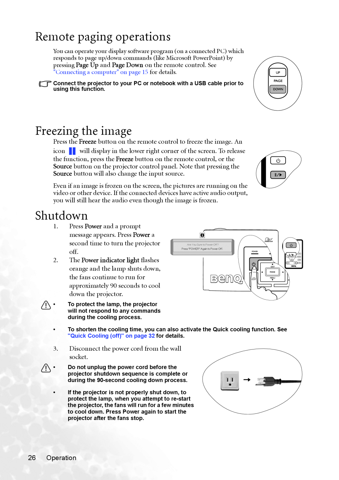 BenQ MP620p user manual Remote paging operations, Freezing the image, Shutdown, The Power indicator light flashes 