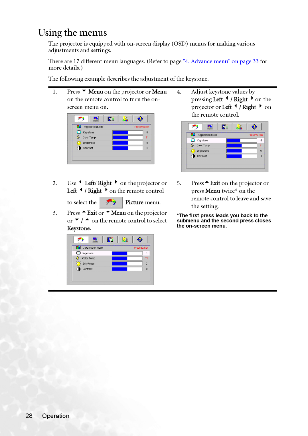 BenQ MP620p user manual Using the menus, Picture menu, Keystone 