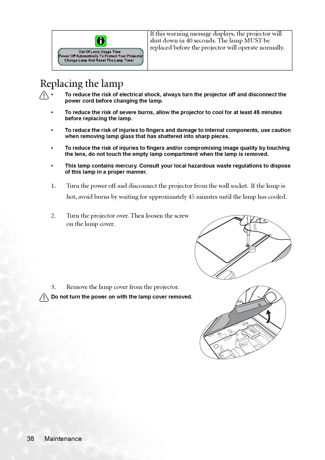 BenQ MP620p user manual Replacing the lamp, Turn the projector over. Then loosen the screw on the lamp cover, Maintenance 
