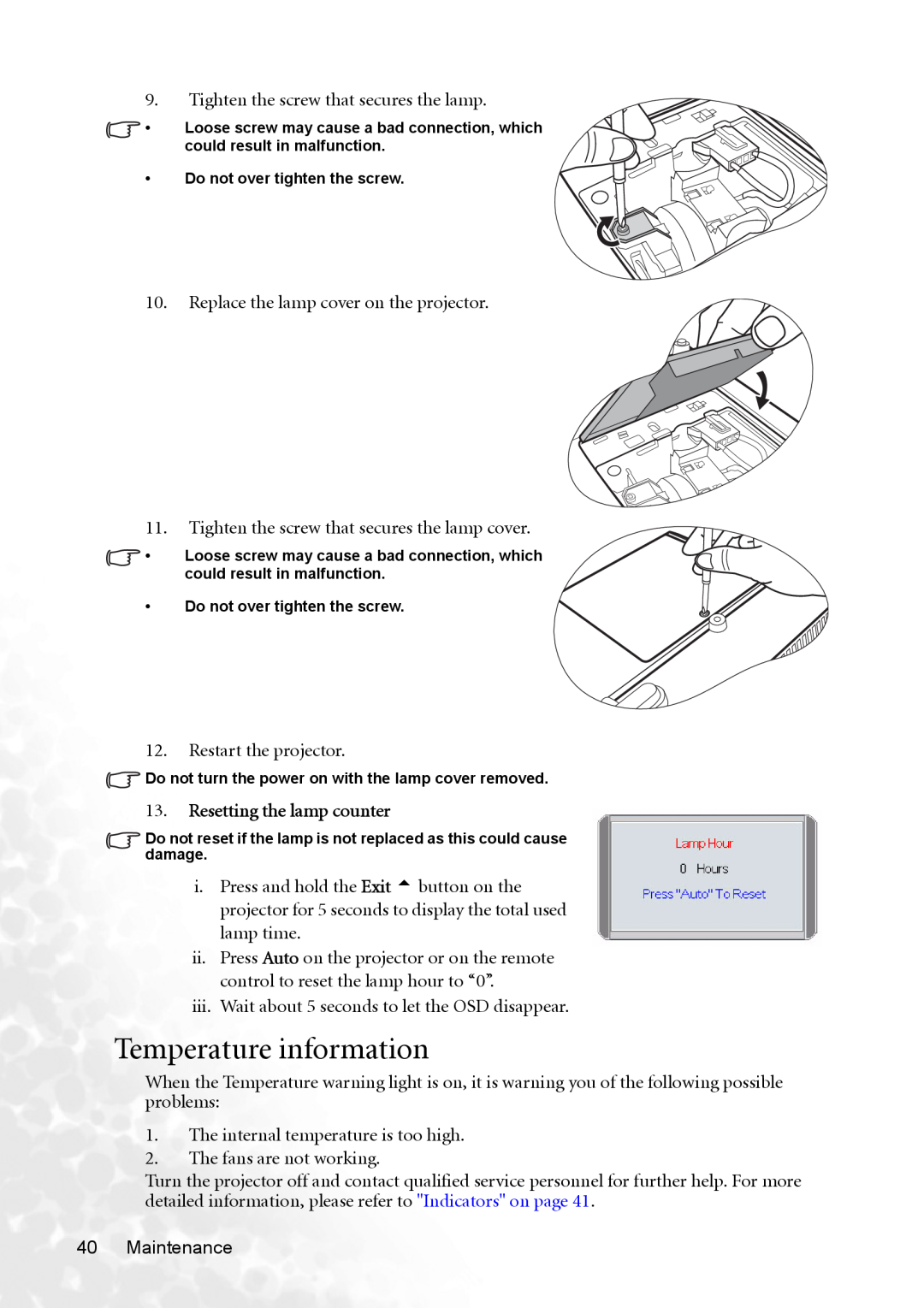 BenQ MP620p user manual Temperature information, Resetting the lamp counter 