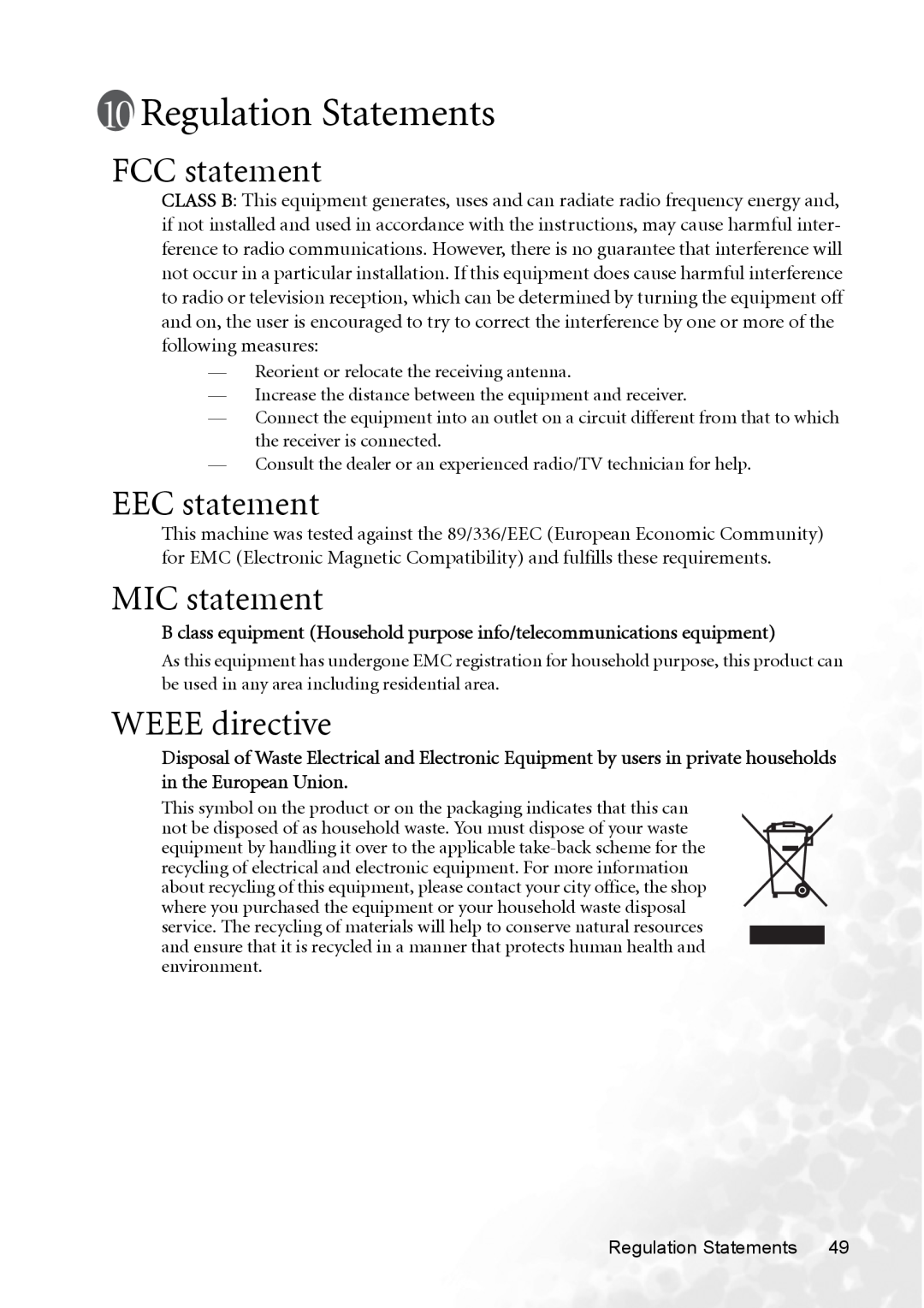 BenQ MP620p user manual Regulation Statements, FCC statement, EEC statement, MIC statement, WEEE directive 