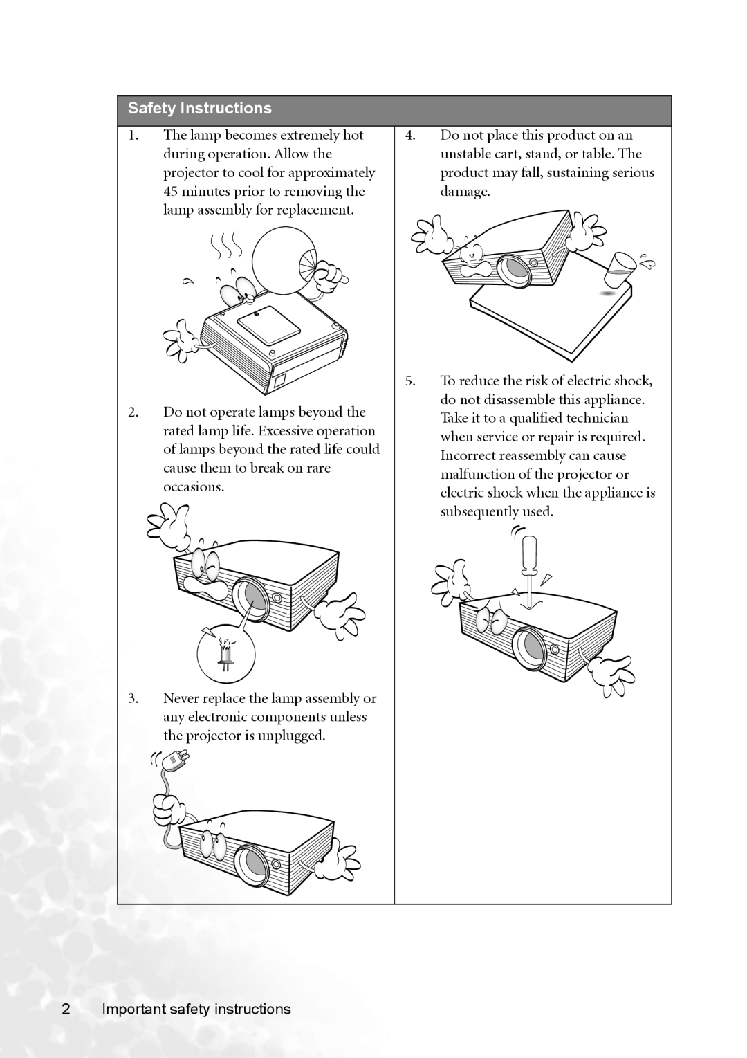 BenQ MP620p user manual Safety Instructions 