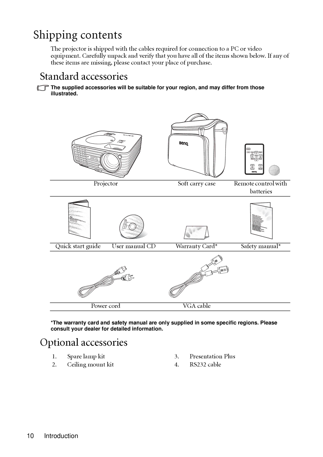 BenQ MP612c, MP622c user manual Shipping contents 