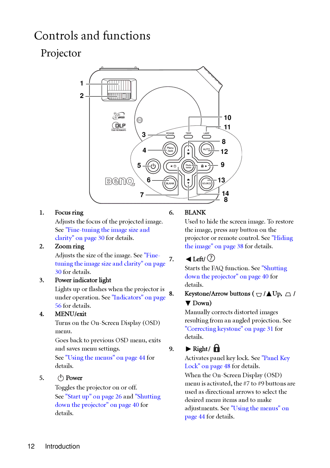 BenQ MP612c, MP622c user manual Controls and functions, Projector 