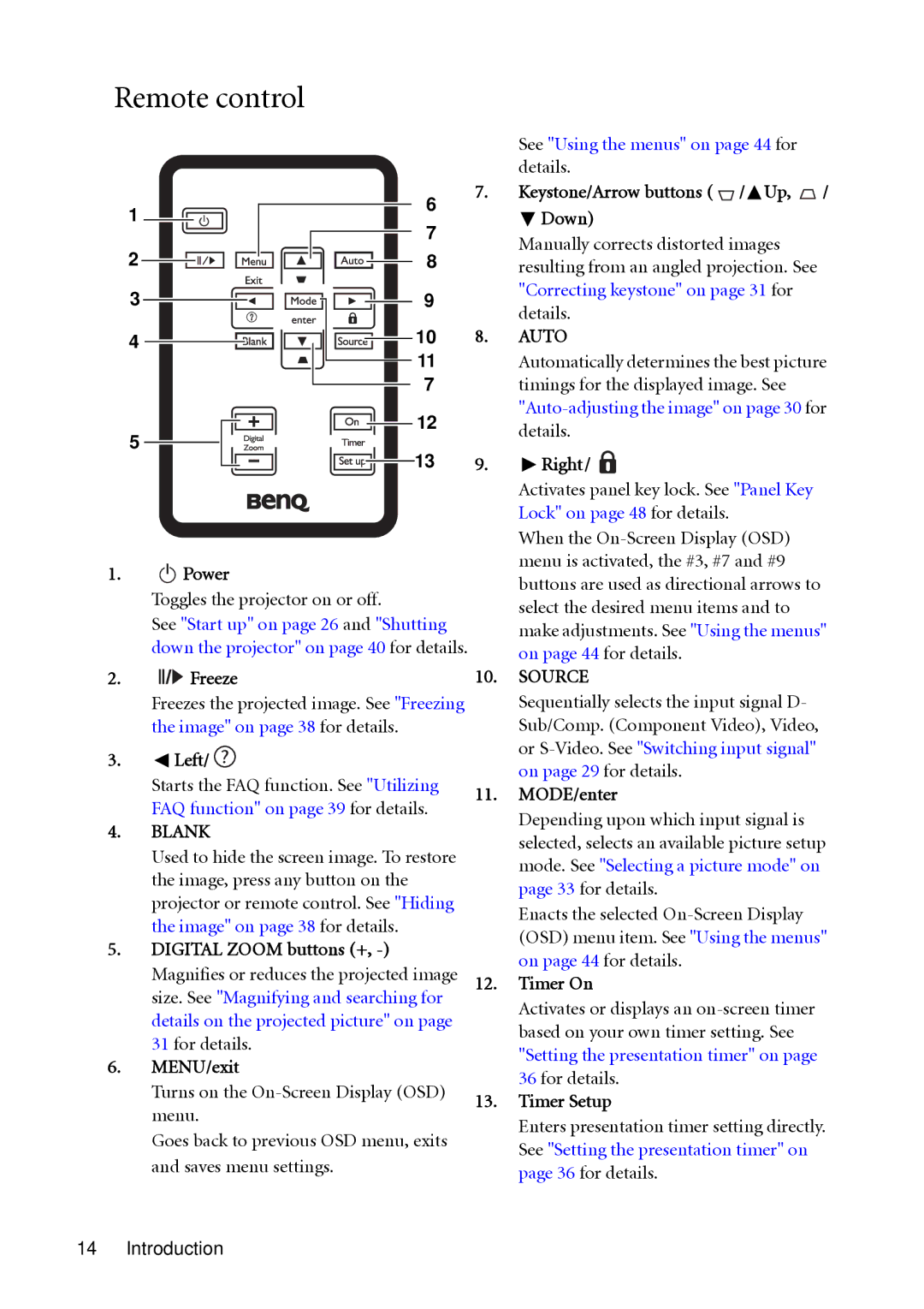 BenQ MP612c, MP622c user manual Remote control, Freeze, Keystone/Arrow buttons / Up, / Down, Timer On, Timer Setup 