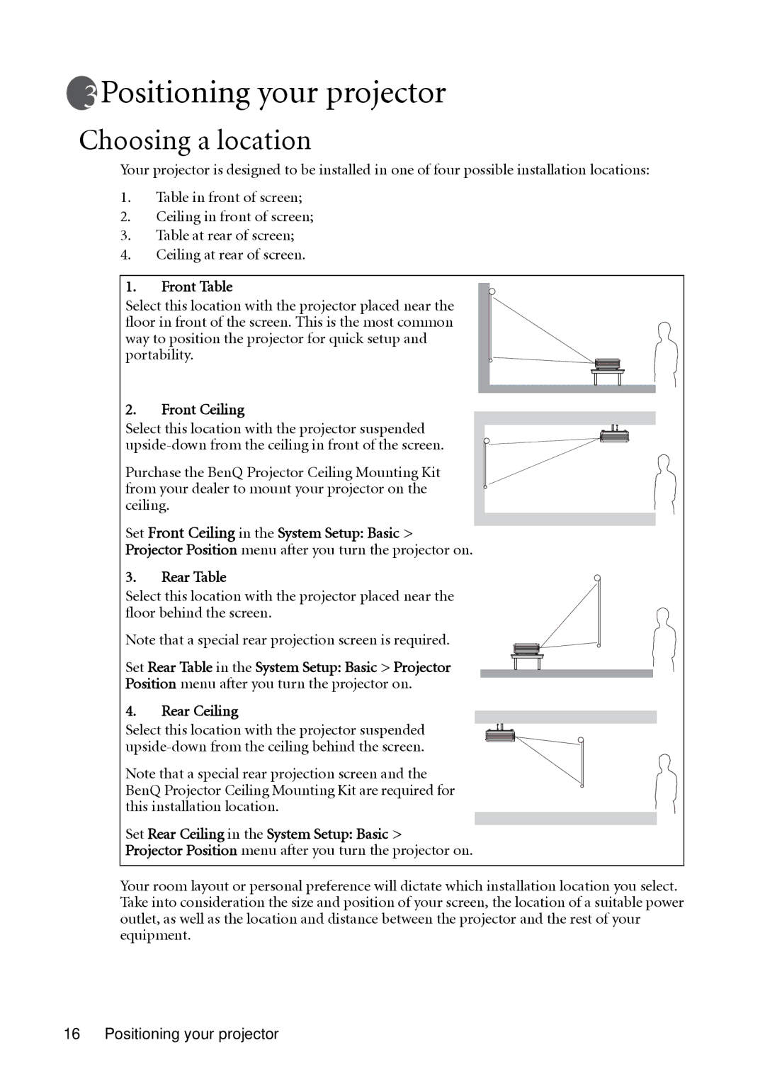 BenQ MP612c, MP622c user manual Positioning your projector, Choosing a location 