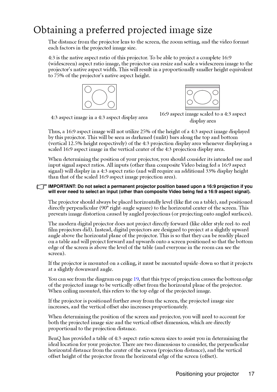 BenQ MP612c, MP622c user manual Obtaining a preferred projected image size 