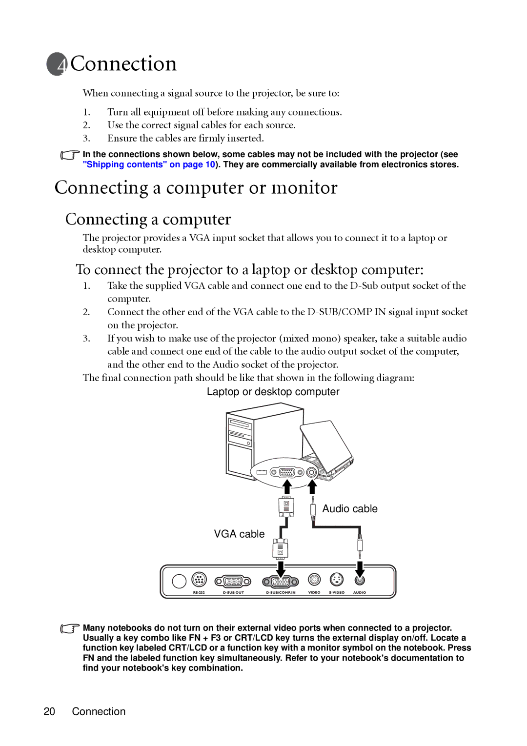 BenQ MP622, MP612 Connection, Connecting a computer or monitor, To connect the projector to a laptop or desktop computer 