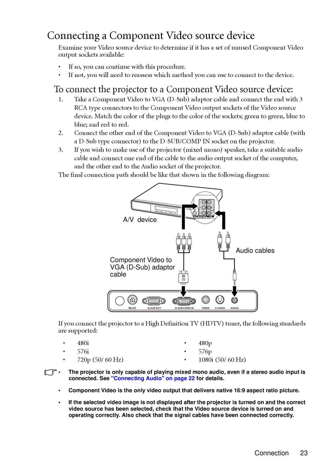 BenQ MP622c, MP612 Connecting a Component Video source device, To connect the projector to a Component Video source device 