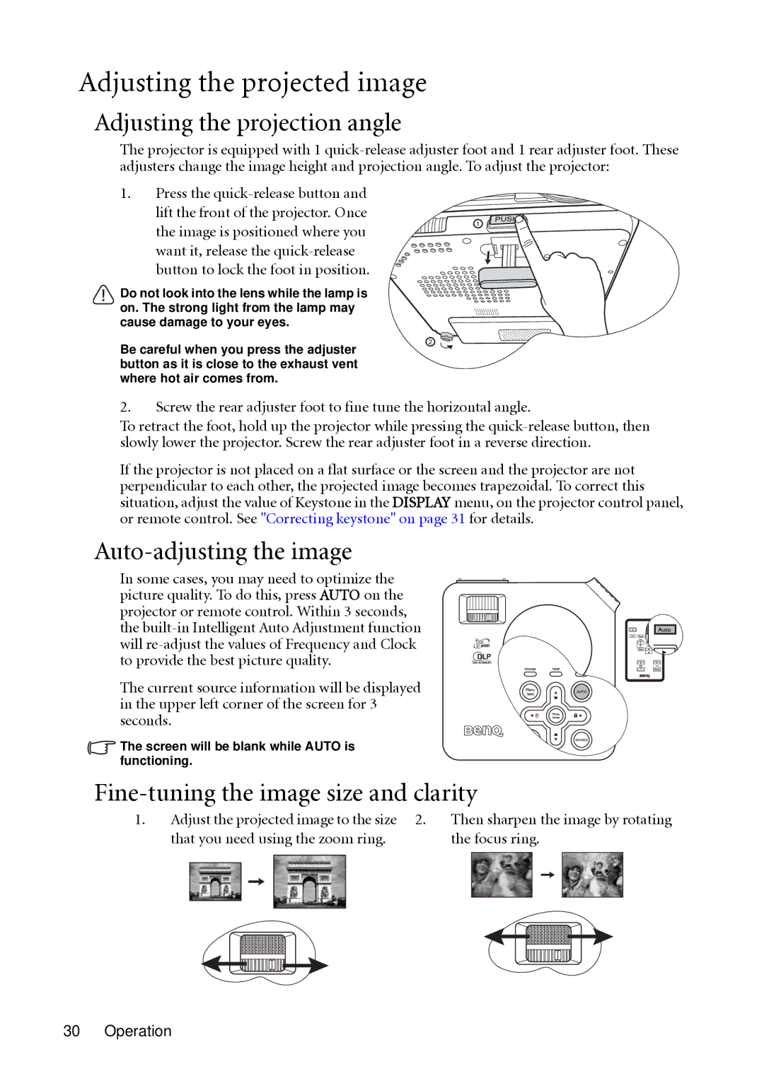 BenQ MP612c, MP622c user manual Adjusting the projected image, Adjusting the projection angle, Auto-adjusting the image 