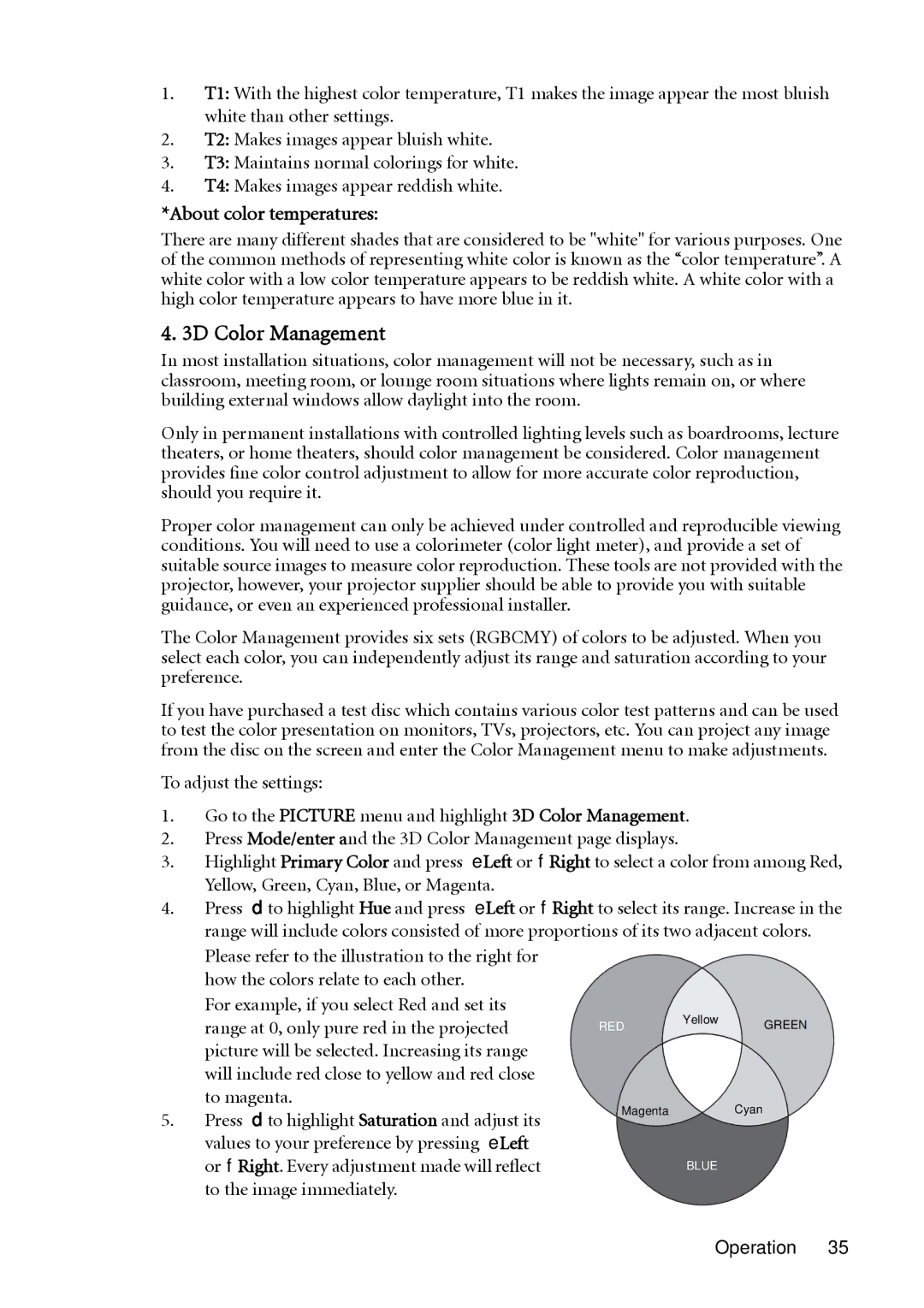 BenQ MP622c, MP612c user manual 3D Color Management, About color temperatures 