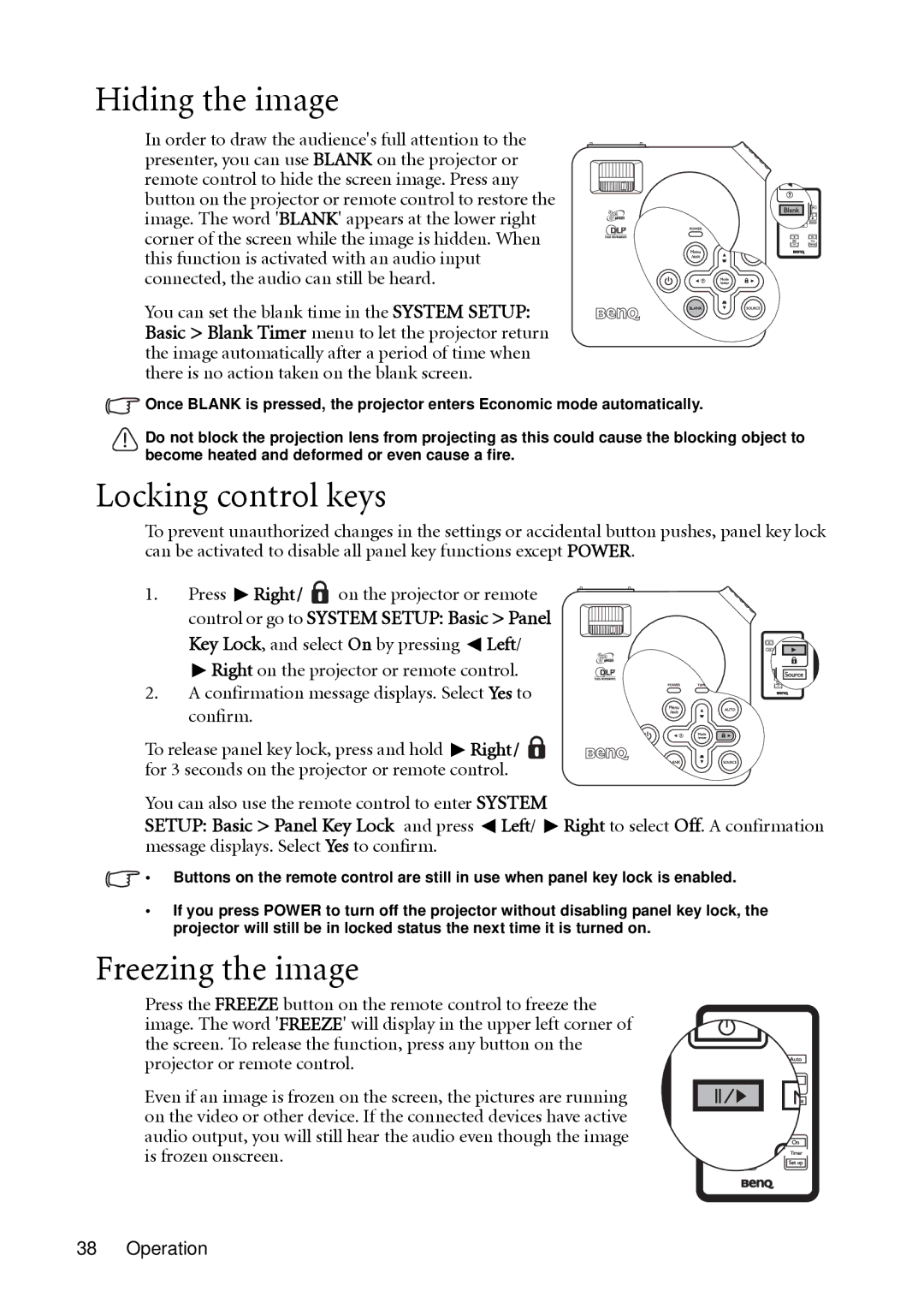 BenQ MP612c Hiding the image, Locking control keys, Freezing the image, Key Lock, and select On by pressing Left, Confirm 