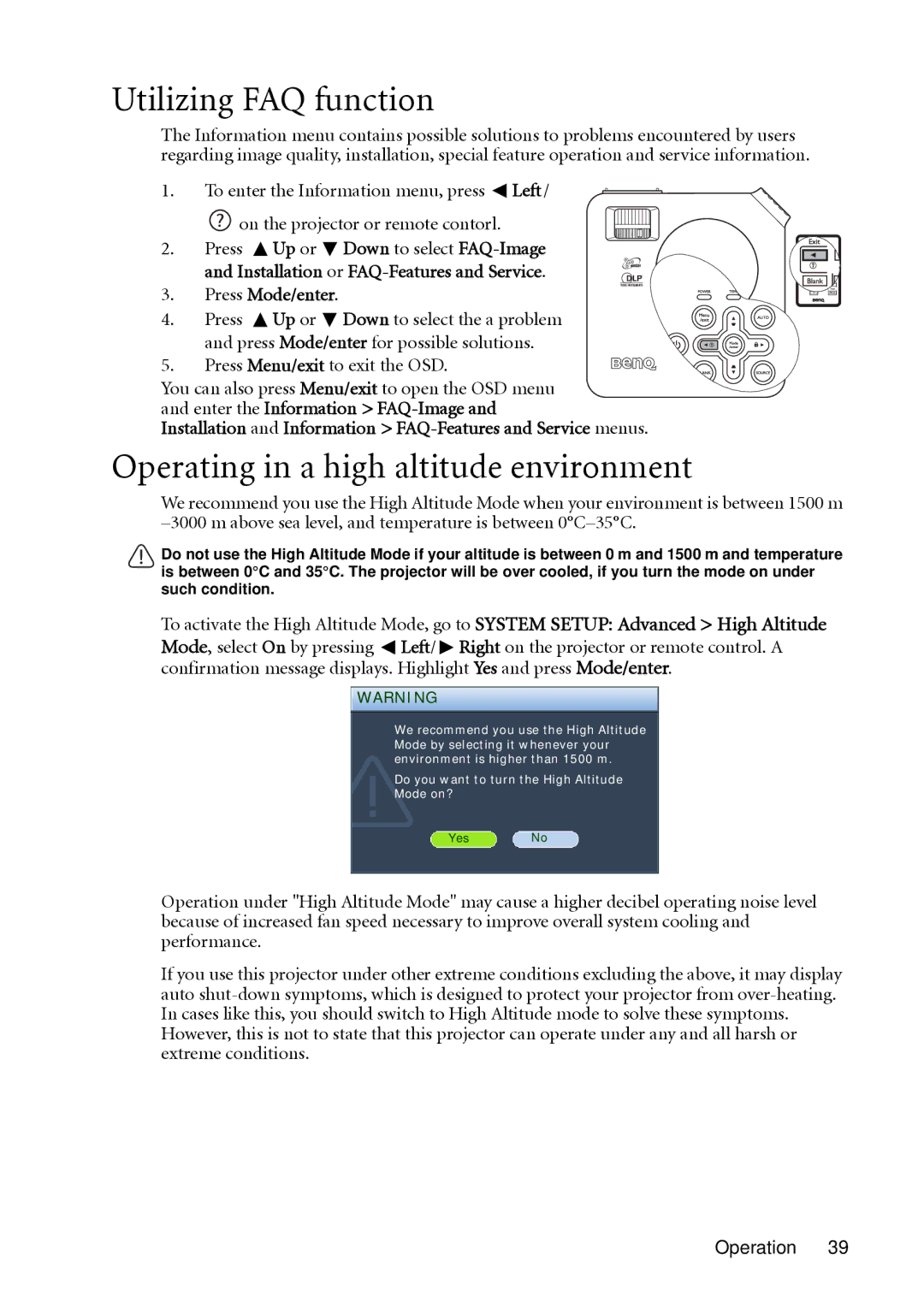 BenQ MP622c Utilizing FAQ function, Operating in a high altitude environment, Up or, Press Menu/exit to exit the OSD 