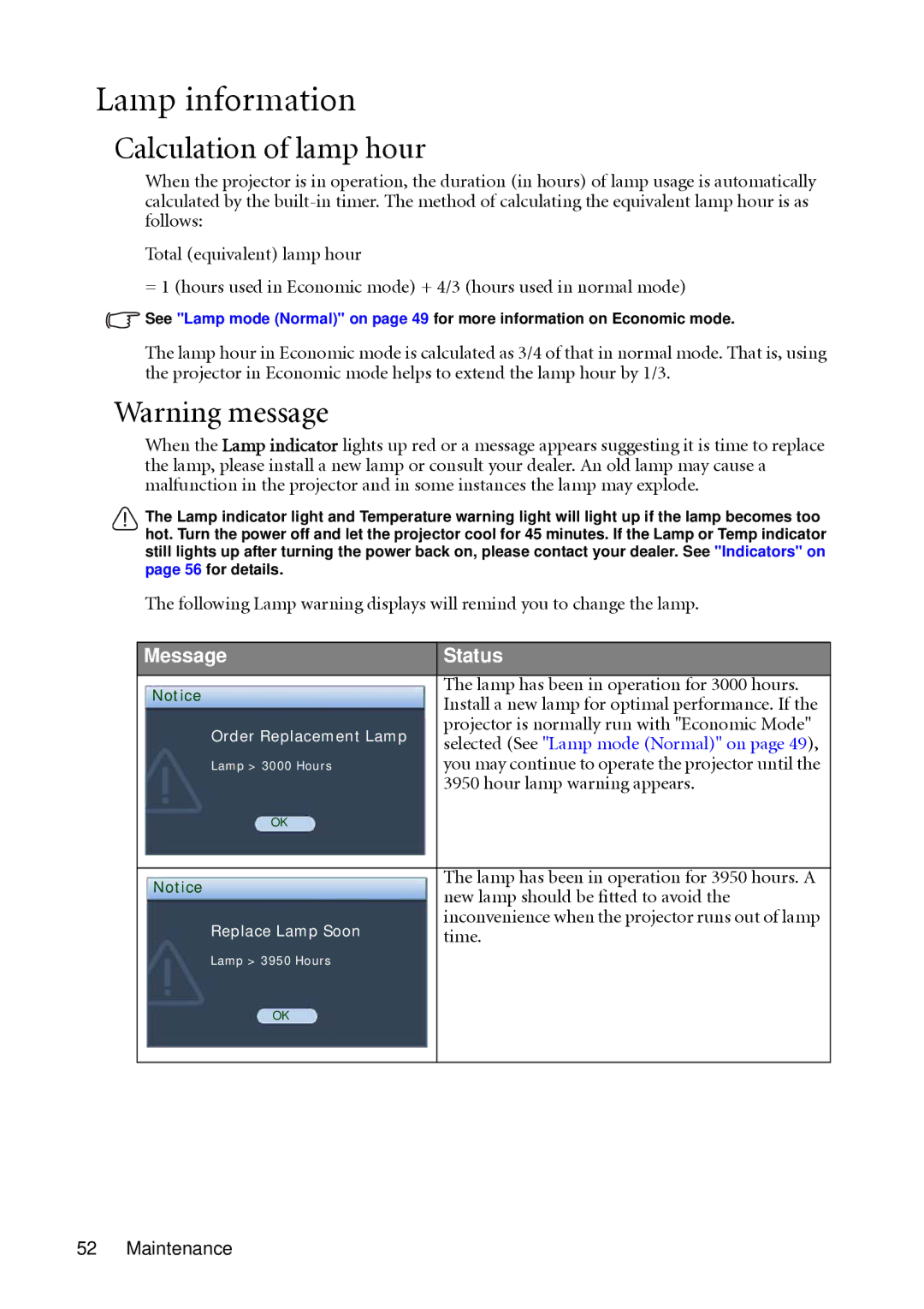 BenQ MP612c, MP622c user manual Lamp information, Calculation of lamp hour 