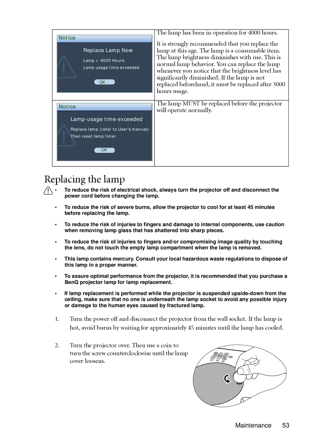 BenQ MP612c, MP622c user manual Replacing the lamp 