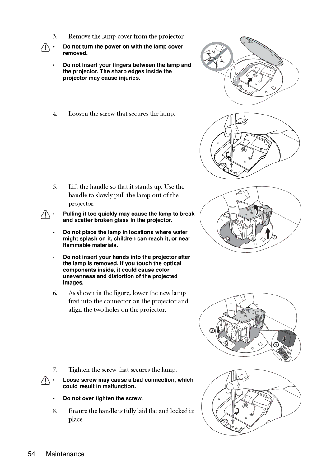 BenQ MP612c, MP622c user manual Remove the lamp cover from the projector, Tighten the screw that secures the lamp 