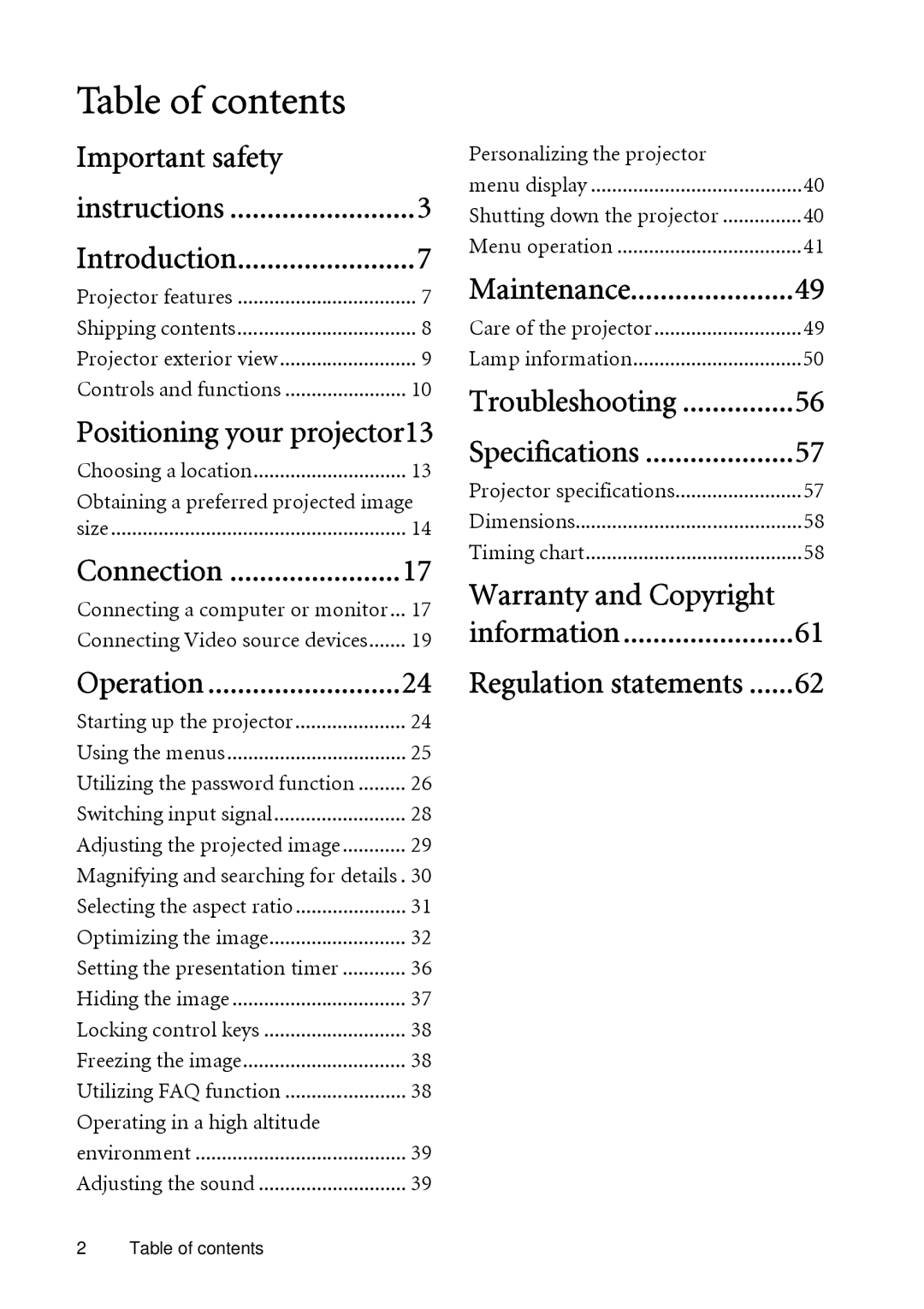 BenQ MP624, MP623 user manual Table of contents 