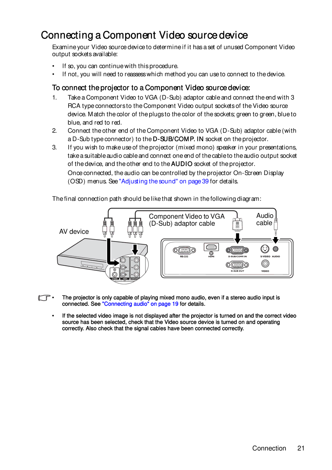 BenQ MP623, MP624 Connecting a Component Video source device, To connect the projector to a Component Video source device 