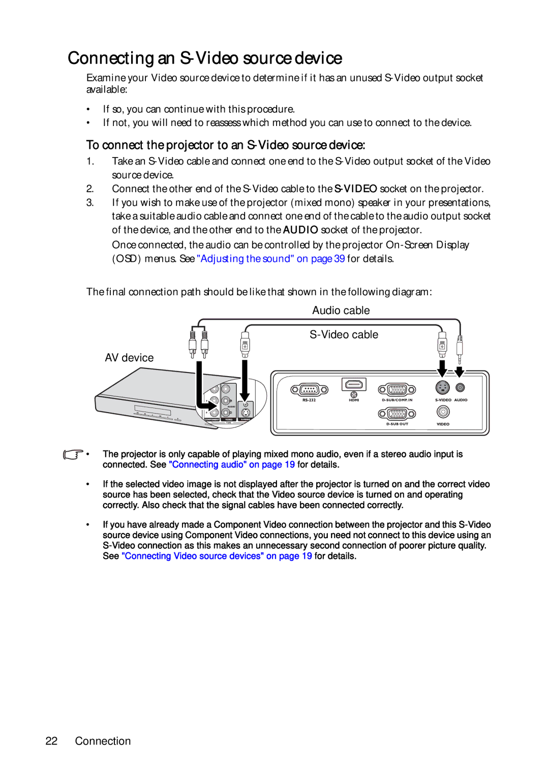 BenQ MP624, MP623 user manual Connecting an S-Video source device, To connect the projector to an S-Video source device 