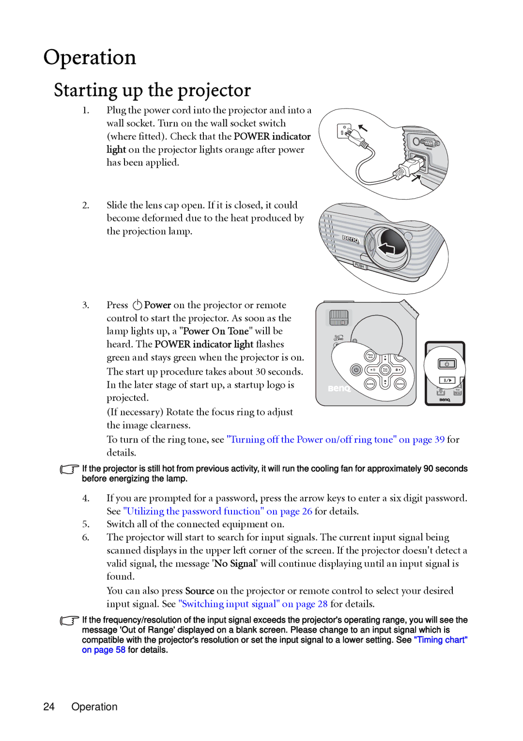 BenQ MP624, MP623 user manual Operation, Starting up the projector, Heard. The Power indicator light flashes 