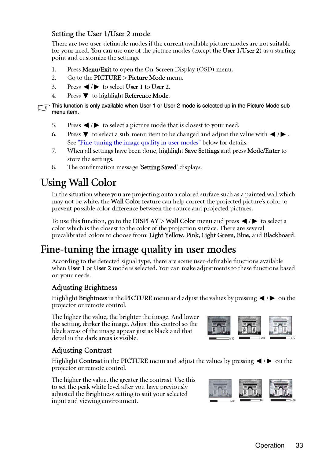 BenQ MP623, MP624 user manual Using Wall Color, Fine-tuning the image quality in user modes, Setting the User 1/User 2 mode 