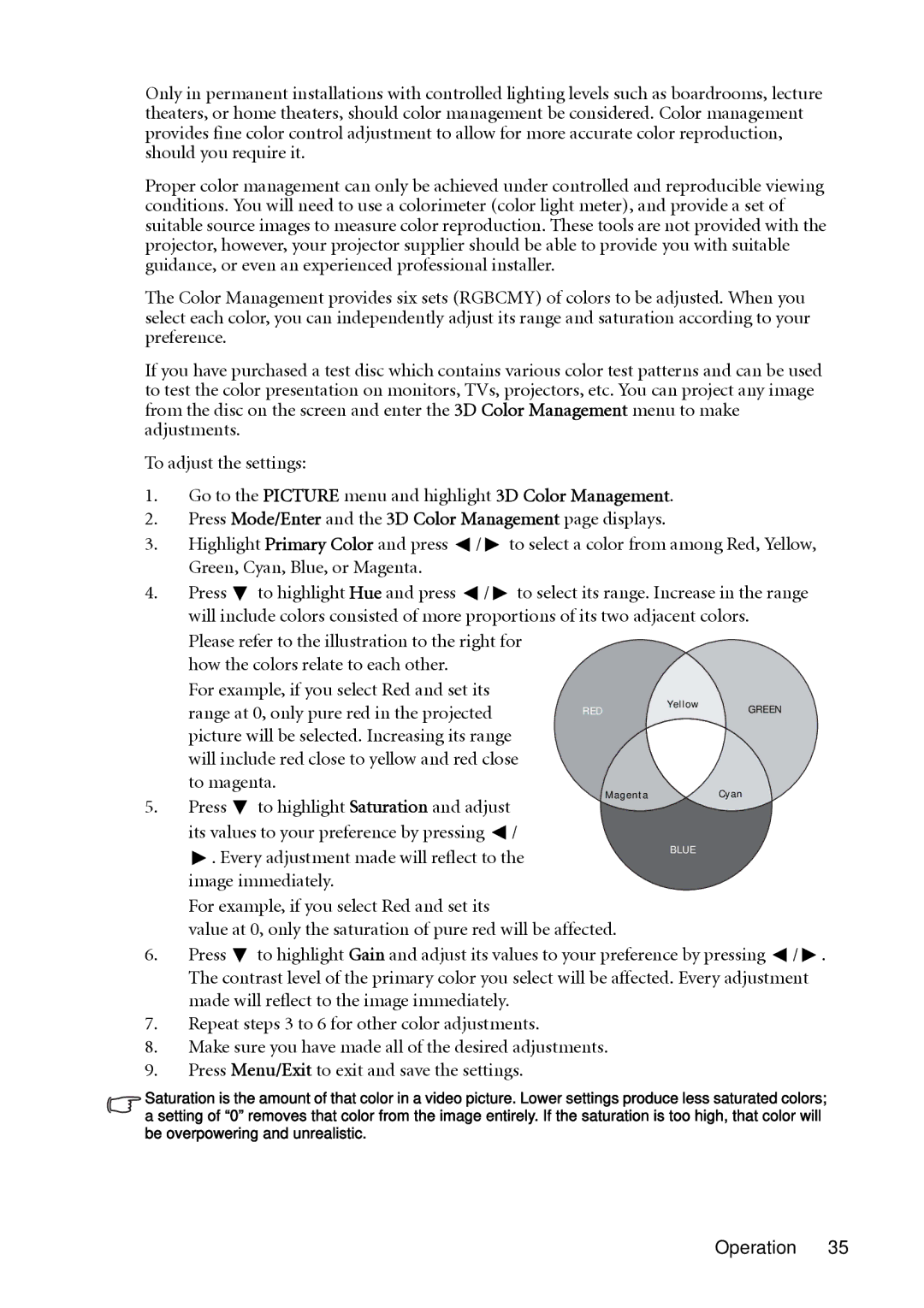 BenQ MP623, MP624 user manual Press Mode/Enter and the 3D Color Management page displays 