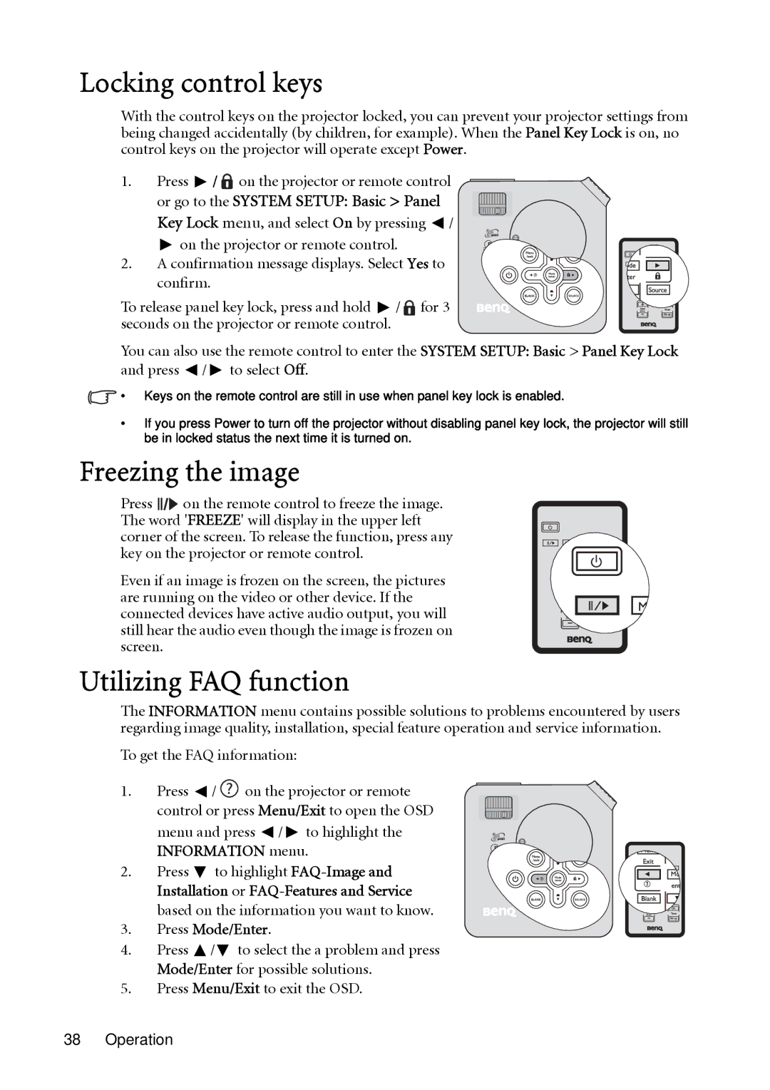 BenQ MP624, MP623 Locking control keys, Freezing the image, Utilizing FAQ function, Or go to the System Setup Basic Panel 